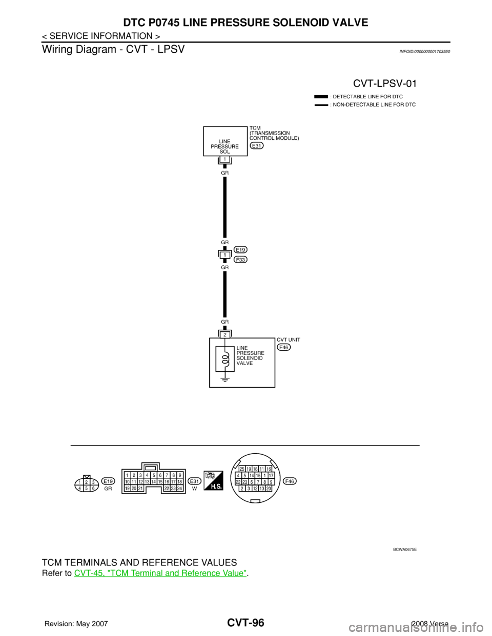 NISSAN TIIDA 2008 Service Repair Manual CVT-96
< SERVICE INFORMATION >
DTC P0745 LINE PRESSURE SOLENOID VALVE
Wiring Diagram - CVT - LPSV
INFOID:0000000001703550
TCM TERMINALS AND REFERENCE VALUES
Refer to CVT-45, "TCM Terminal and Refe NISSAN TIIDA 2008 Service Repair Manual CVT-96
< SERVICE INFORMATION >
DTC P0745 LINE PRESSURE SOLENOID VALVE
Wiring Diagram - CVT - LPSV
INFOID:0000000001703550
TCM TERMINALS AND REFERENCE VALUES
Refer to CVT-45, "TCM Terminal and Refe