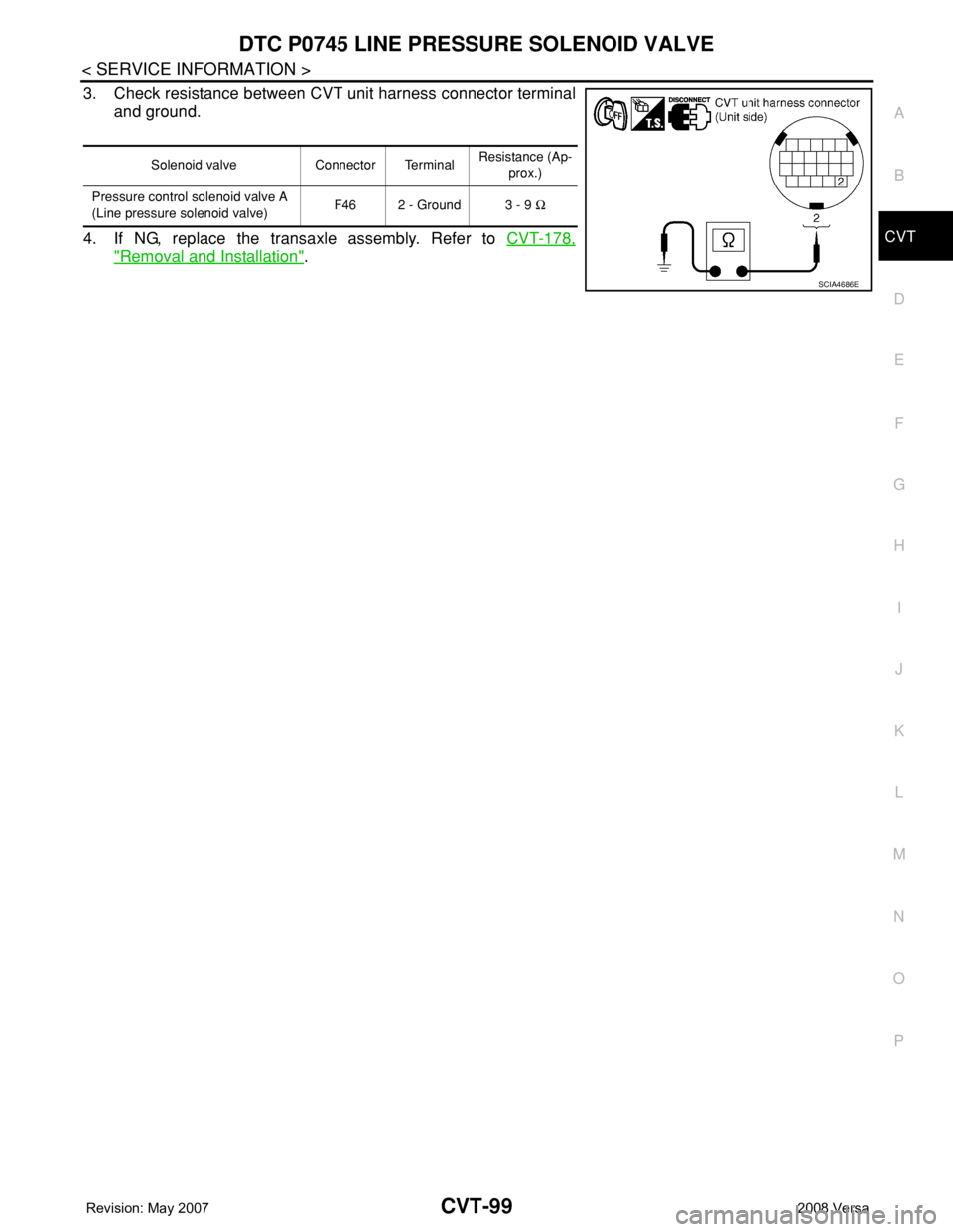 NISSAN TIIDA 2008 Service Repair Manual DTC P0745 LINE PRESSURE SOLENOID VALVE
CVT-99
< SERVICE INFORMATION >
D
E
F
G
H
I
J
K
L
MA
B
CVT
N
O
P
3. Check resistance between CVT unit harness connector terminal
and ground.
4. If NG, replace the NISSAN TIIDA 2008 Service Repair Manual DTC P0745 LINE PRESSURE SOLENOID VALVE
CVT-99
< SERVICE INFORMATION >
D
E
F
G
H
I
J
K
L
MA
B
CVT
N
O
P
3. Check resistance between CVT unit harness connector terminal
and ground.
4. If NG, replace the