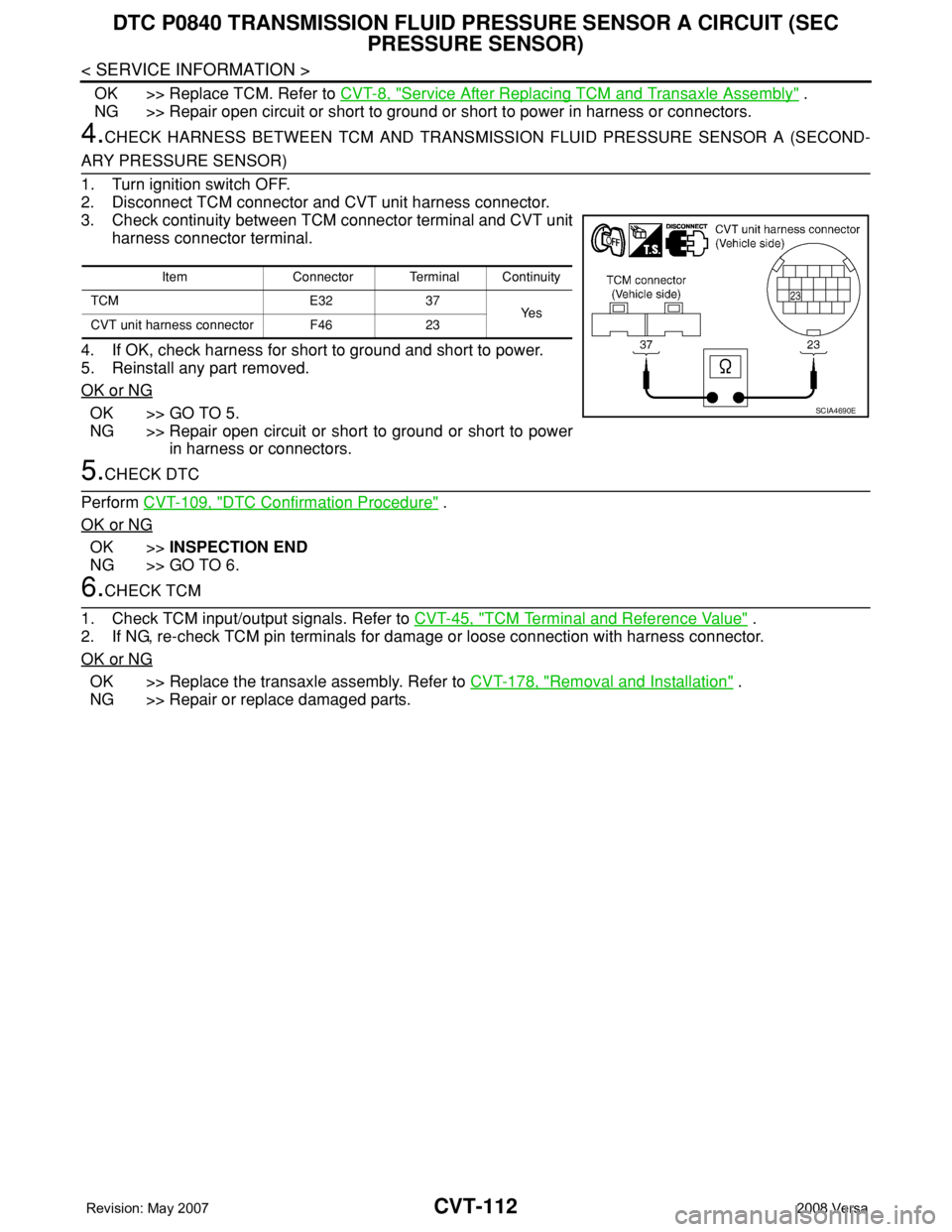 NISSAN TIIDA 2008 Service Repair Manual CVT-112
< SERVICE INFORMATION >
DTC P0840 TRANSMISSION FLUID PRESSURE SENSOR A CIRCUIT (SEC
PRESSURE SENSOR)
OK >> Replace TCM. Refer to CVT-8, "Service After Replacing TCM and Transaxle Assembl NISSAN TIIDA 2008 Service Repair Manual CVT-112
< SERVICE INFORMATION >
DTC P0840 TRANSMISSION FLUID PRESSURE SENSOR A CIRCUIT (SEC
PRESSURE SENSOR)
OK >> Replace TCM. Refer to CVT-8, "Service After Replacing TCM and Transaxle Assembl