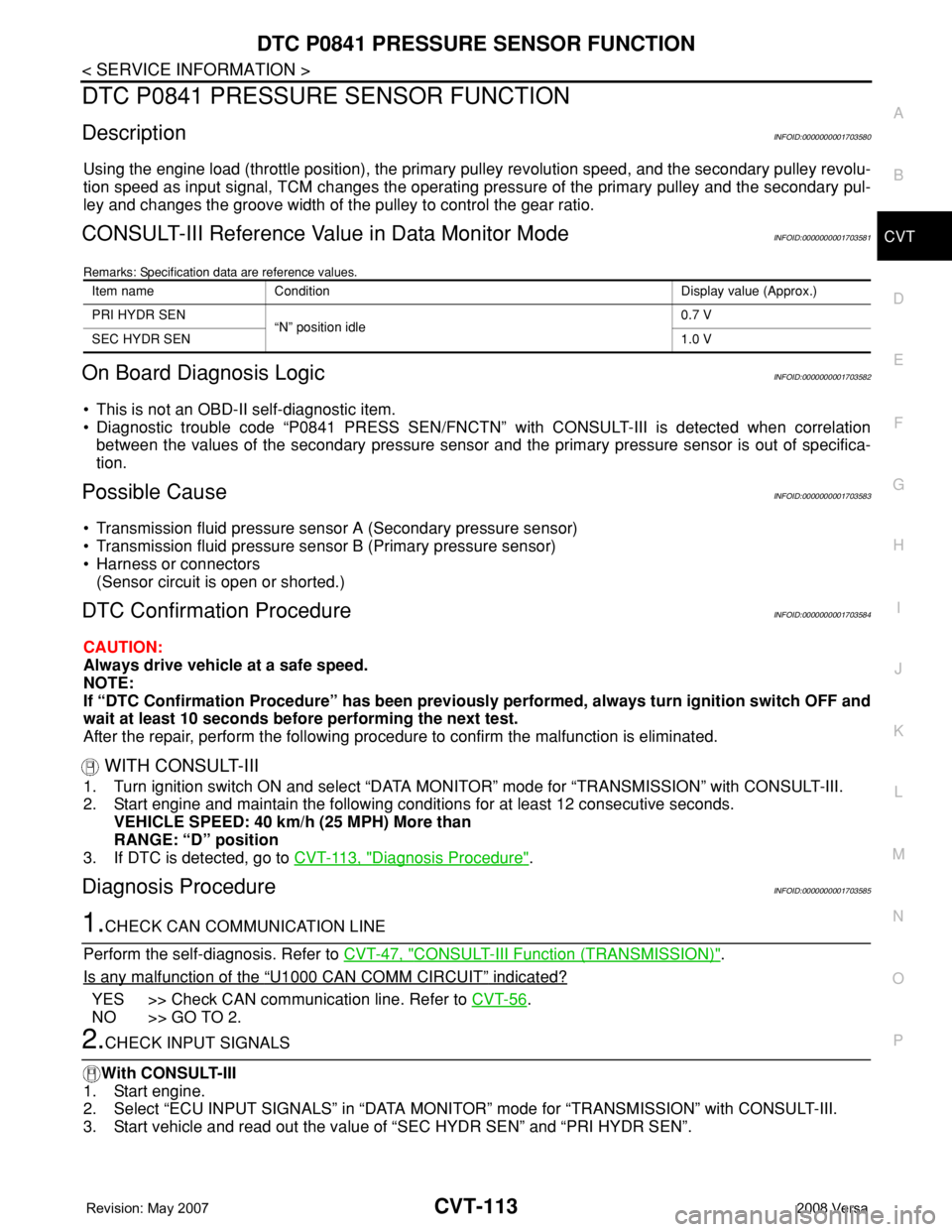 NISSAN TIIDA 2008  Service User Guide DTC P0841 PRESSURE SENSOR FUNCTION
CVT-113
< SERVICE INFORMATION >
D
E
F
G
H
I
J
K
L
MA
B
CVT
N
O
P
DTC P0841 PRESSURE SENSOR FUNCTION
DescriptionINFOID:0000000001703580
Using the engine load (throttl