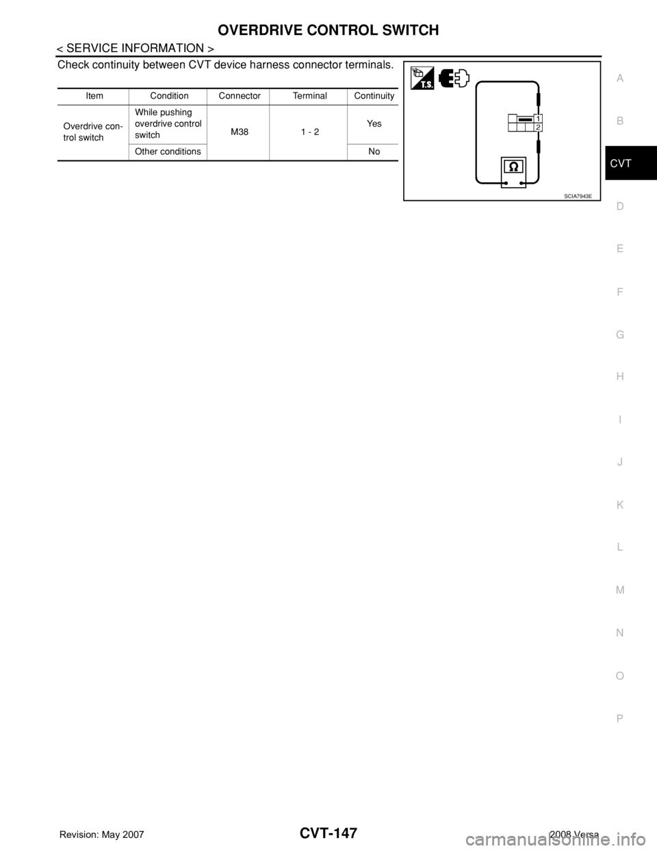 NISSAN TIIDA 2008  Service Repair Manual OVERDRIVE CONTROL SWITCH
CVT-147
< SERVICE INFORMATION >
D
E
F
G
H
I
J
K
L
MA
B
CVT
N
O
P
Check continuity between CVT device harness connector terminals.
Item Condition Connector Terminal Continuity

