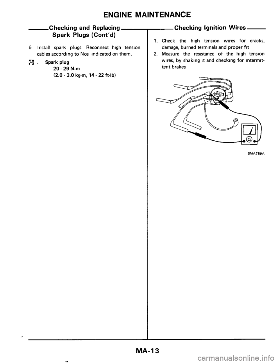 NISSAN 300ZX 1984 Z31 Maintenance User Guide ENGINE  MAINTENANCE 
Checking and Replacing 
Spark  Plugs (Cont’d) 
5 Install  spark  plugs  Reconnect high tension 
cables  according  to 
Nos indicated on them. 
0 . Spark  plug 
20 - 29 Nm 
(2.0 