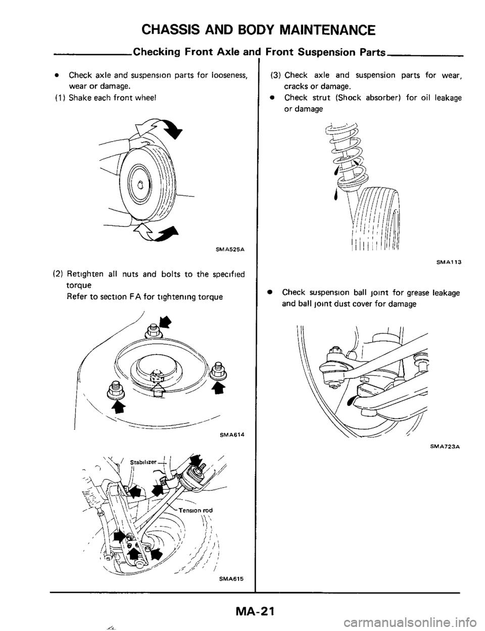 NISSAN 300ZX 1984 Z31 Maintenance Owners Manual CHASSIS AND BODY MAINTENANCE 
Checking  Front Axle and Front  Suspension  Parts 
(1) Shake each front  wheel 
Check  axle and  suspension  parts for looseness, 
wear  or damage. 
SMA525A 
(2) Retighte