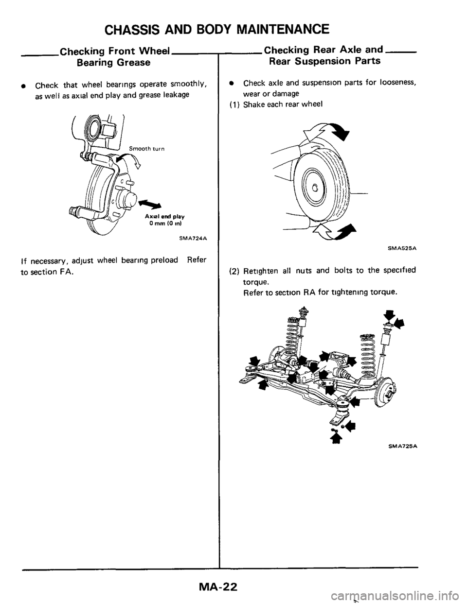 NISSAN 300ZX 1984 Z31 Maintenance Owners Manual CHASSIS AND BODY  MAINTENANCE 
Checking  Front Wheel 
Bearing  Grease 
0 Check that wheel  bearings  operate smoothly, 
as  well 
as axial end  play and grease leakage 
Smooth turn 
0 mm (0 ,"I 
SMA72