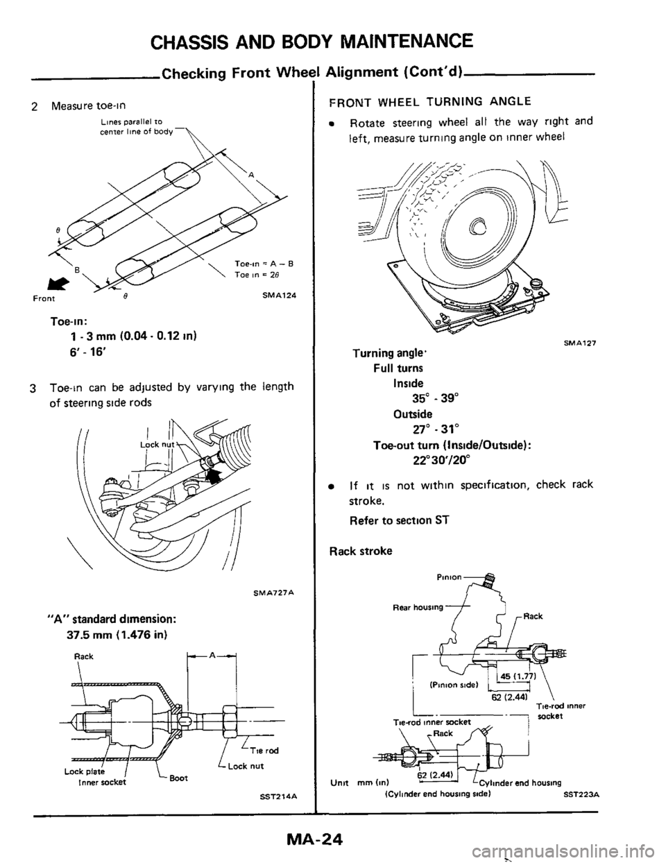 NISSAN 300ZX 1984 Z31 Maintenance Owners Manual CHASSIS AND BODY  MAINTENANCE 
Checking  Front Whe 
2 Measure toe-in 
Liner parallel to center line of body- 
Toe-in = A - 8 
SMA124 Front 
Toe-in: 
1 - 3 mm (0.04. 0.12 in) 
6-16 
3 Town can be adjus