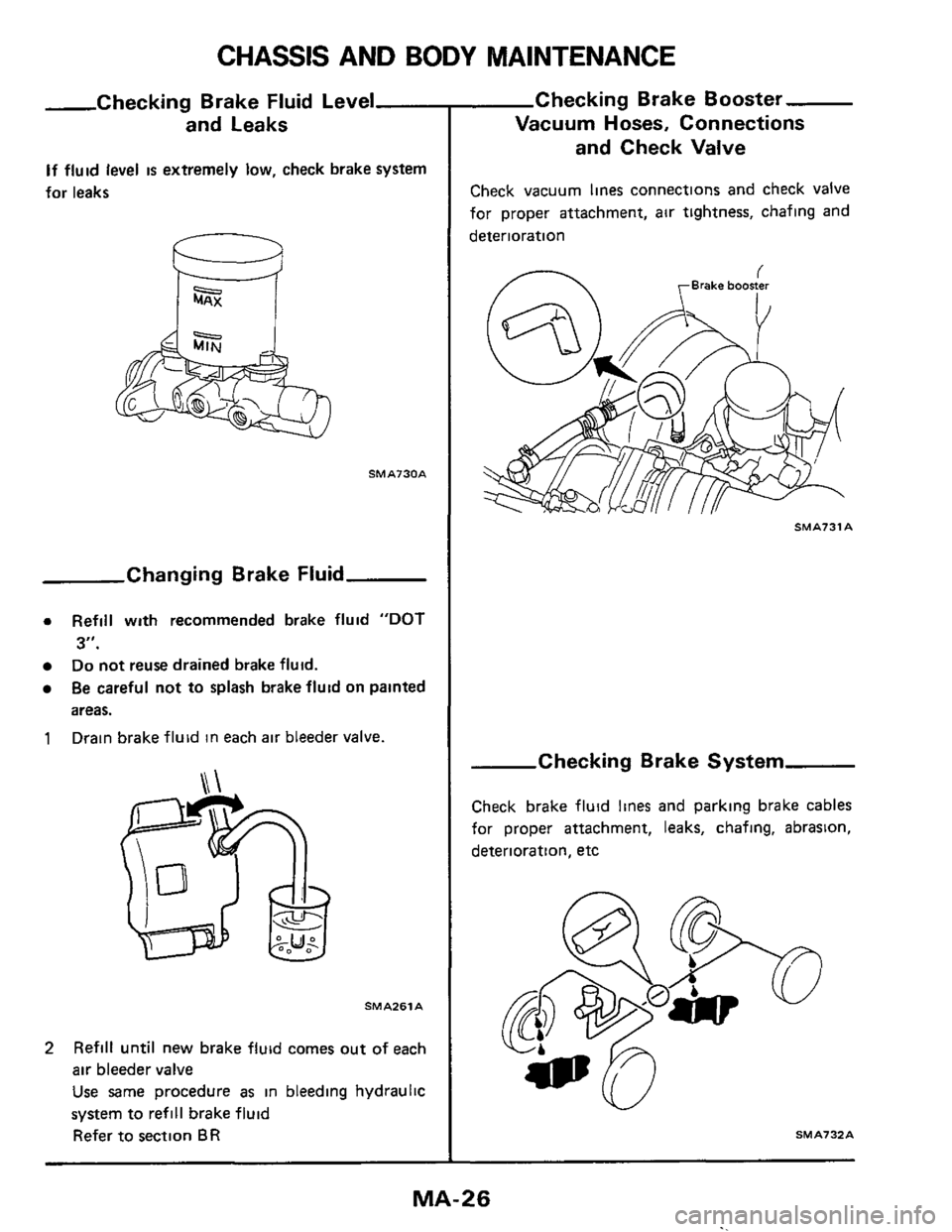 NISSAN 300ZX 1984 Z31 Maintenance Owners Manual CHASSIS  AND BODY MAINTENANCE 
-Checking Brake Fluid Level 
and  Leaks 
If fluid level is extremely  low, check  brake system 
for  leaks 
Changing  Brake Fluid 
0 Refill  with recommended  brake flui