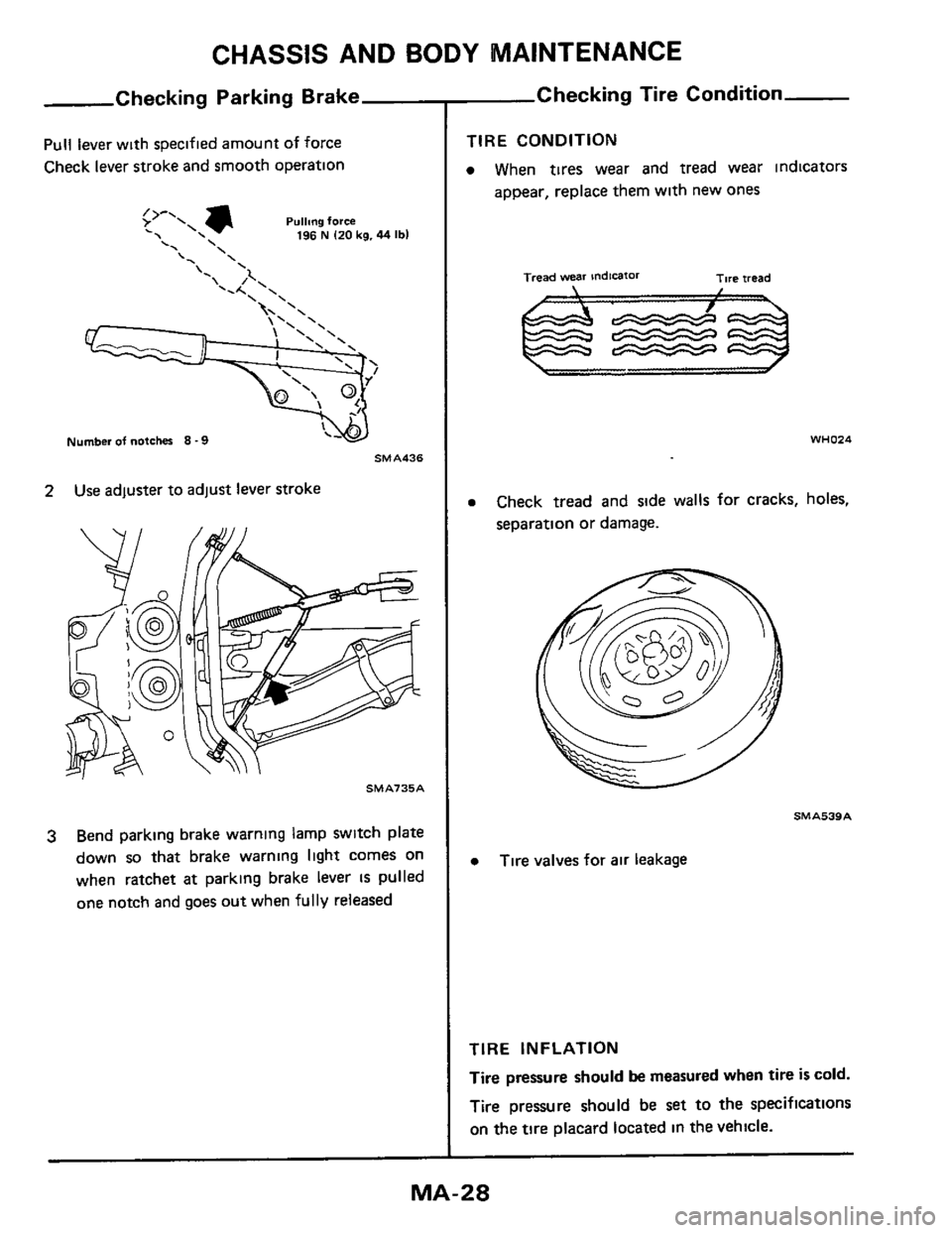 NISSAN 300ZX 1984 Z31 Maintenance Workshop Manual CHASSIS AND  BODY  MAINTENANCE 
Checking Parking Brake 
Pull lever with specified  amount of force 
Check  lever stroke  and smooth operation 
Pullmg force . 196 N I20 kg. 44 Ibl 
\ \ \  
Number of