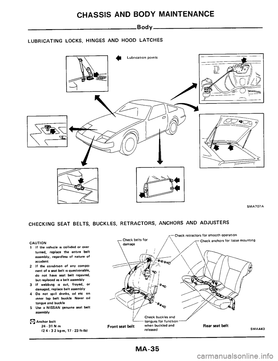 NISSAN 300ZX 1984 Z31 Maintenance Workshop Manual CHASSIS AND BODY MAINTENANCE
Body
LUBRICATING LOCKS, HINGES AND HOOD LATCHES
CHECKING SEAT BELTS, BUCKLES, RETRACTORS, ANCHORS AND ADJUSTERS
CAUTION 1 If the vehicle IS collided or over
t NISSAN 300ZX 1984 Z31 Maintenance Workshop Manual CHASSIS AND BODY MAINTENANCE
Body
LUBRICATING LOCKS, HINGES AND HOOD LATCHES
CHECKING SEAT BELTS, BUCKLES, RETRACTORS, ANCHORS AND ADJUSTERS
CAUTION 1 If the vehicle IS collided or over
t