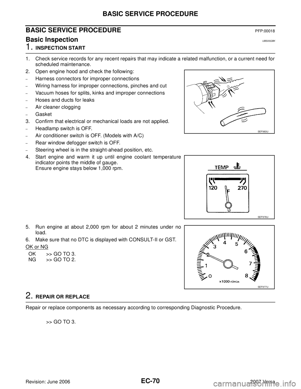 NISSAN TIIDA 2007  Service Repair Manual EC-70Revision: June 2006
BASIC SERVICE PROCEDURE
2007 Versa
BASIC SERVICE PROCEDUREPFP:00018
Basic InspectionUBS00QBK
1. INSPECTION START
1. Check service records for any recent repairs that may indic