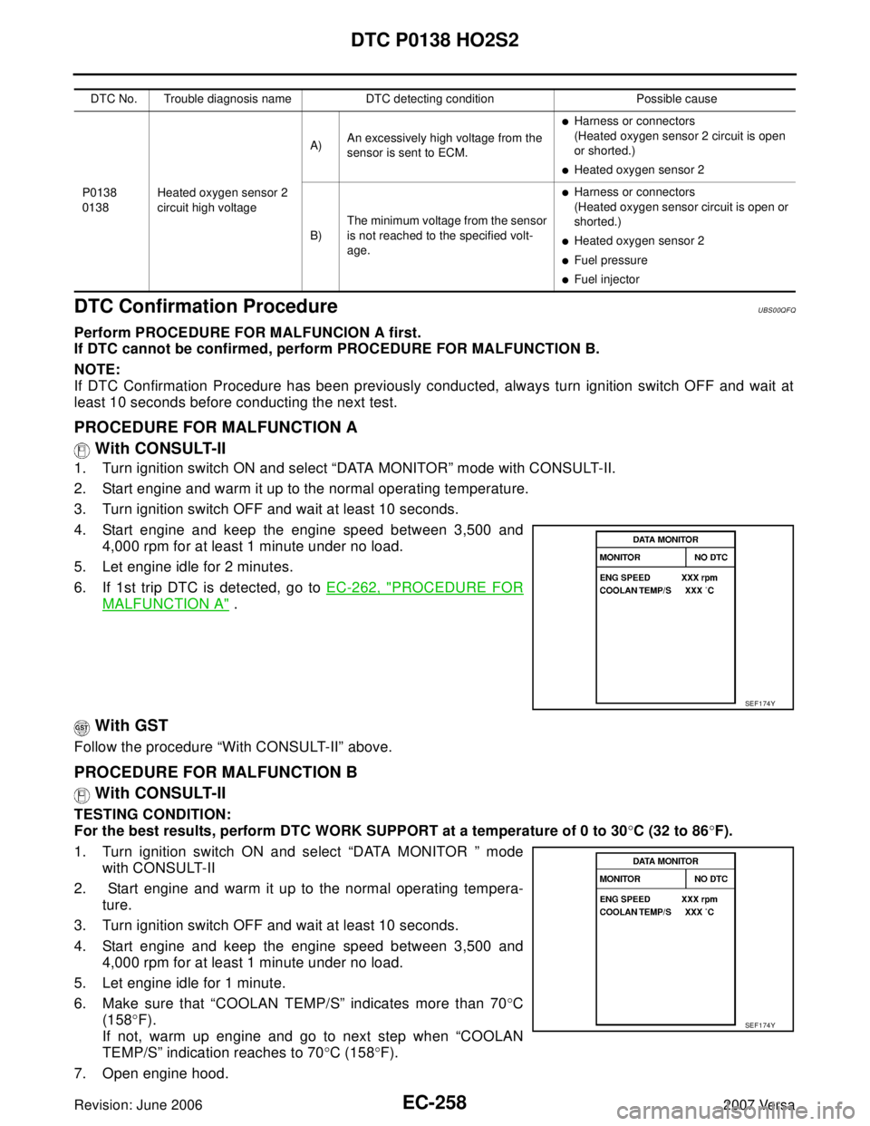 NISSAN TIIDA 2007  Service Repair Manual EC-258Revision: June 2006
DTC P0138 HO2S2
2007 Versa
DTC Confirmation ProcedureUBS00QFQ
Perform PROCEDURE FOR MALFUNCION A first.
If DTC cannot be confirmed, perform PROCEDURE FOR MALFUNCTION B.
NOTE: