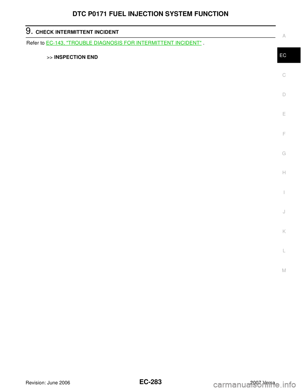 NISSAN TIIDA 2007  Service Repair Manual DTC P0171 FUEL INJECTION SYSTEM FUNCTION
EC-283
C
D
E
F
G
H
I
J
K
L
MA
EC
Revision: June 20062007 Versa
9. CHECK INTERMITTENT INCIDENT
Refer to EC-143, "
TROUBLE DIAGNOSIS FOR INTERMITTENT INCIDENT" .