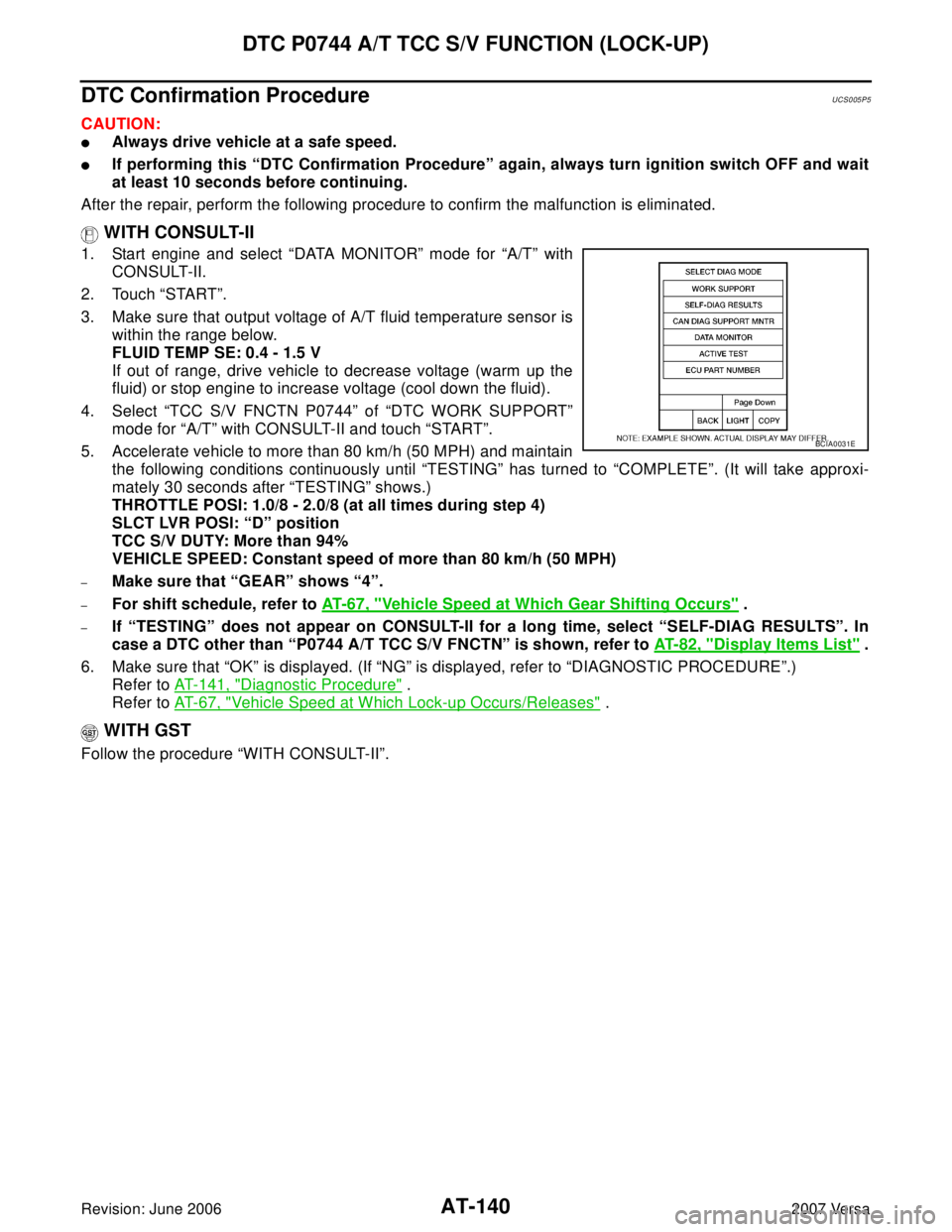 NISSAN TIIDA 2007  Service Repair Manual AT-140
DTC P0744 A/T TCC S/V FUNCTION (LOCK-UP)
Revision: June 20062007 Versa
DTC Confirmation ProcedureUCS005P5
CAUTION:
Always drive vehicle at a safe speed.
If performing this “DTC Confirmation