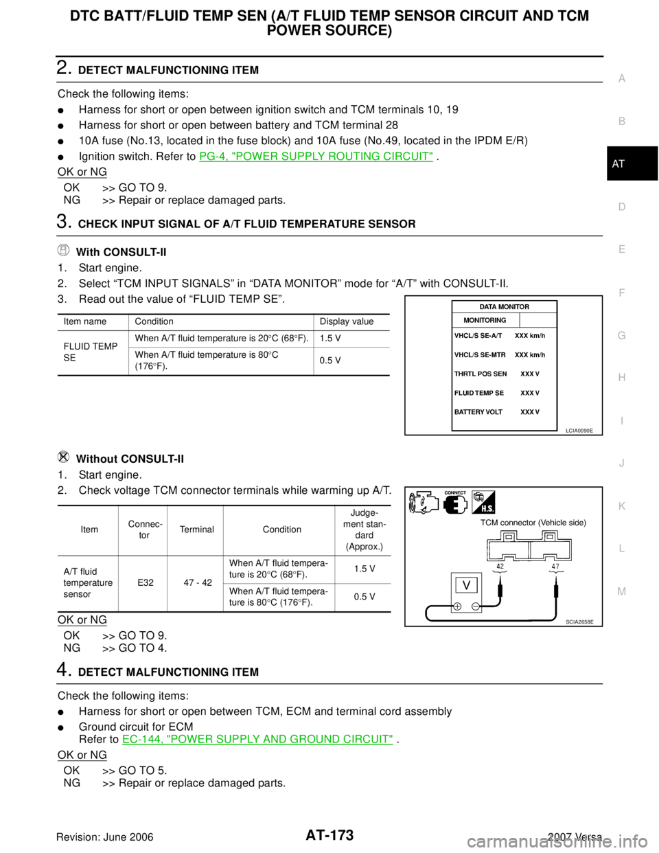 NISSAN TIIDA 2007  Service Repair Manual DTC BATT/FLUID TEMP SEN (A/T FLUID TEMP SENSOR CIRCUIT AND TCM 
POWER SOURCE)
AT-173
D
E
F
G
H
I
J
K
L
MA
B
AT
Revision: June 20062007 Versa
2. DETECT MALFUNCTIONING ITEM
Check the following items:
H