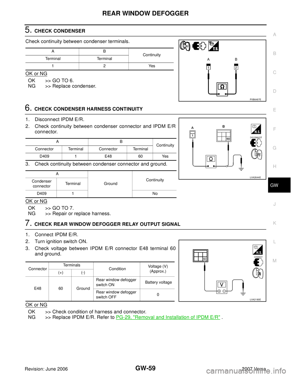 NISSAN TIIDA 2007  Service Repair Manual REAR WINDOW DEFOGGER
GW-59
C
D
E
F
G
H
J
K
L
MA
B
GW
Revision: June 20062007 Versa
5. CHECK CONDENSER
Check continuity between condenser terminals.
OK or NG
OK >> GO TO 6.
NG >> Replace condenser.
6. 