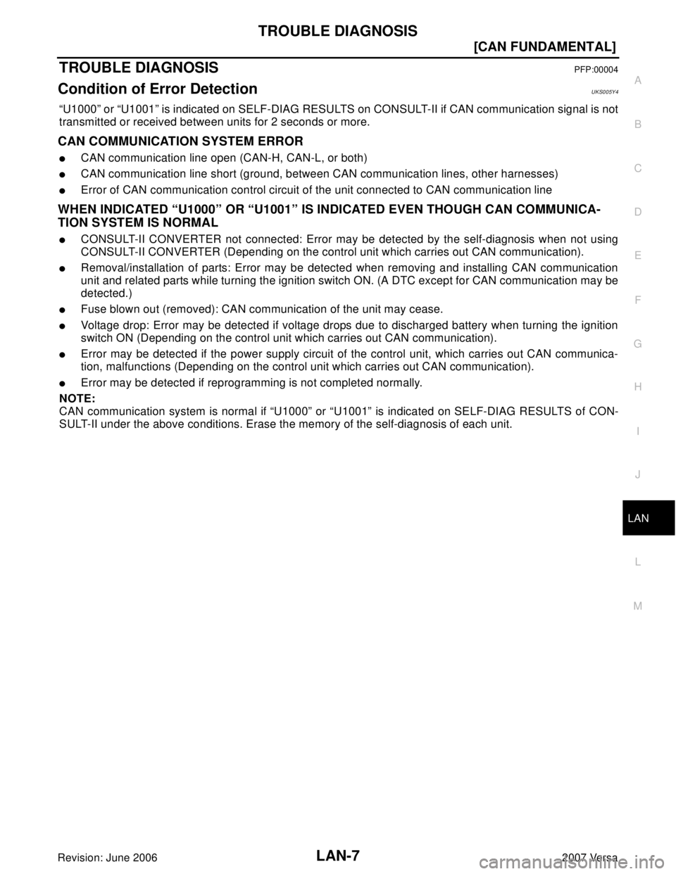 NISSAN TIIDA 2007  Service Repair Manual TROUBLE DIAGNOSIS
LAN-7
[CAN FUNDAMENTAL]
C
D
E
F
G
H
I
J
L
MA
B
LAN
Revision: June 20062007 Versa
TROUBLE DIAGNOSISPFP:00004
Condition of Error DetectionUKS005Y4
“U1000” or “U1001” is indicat