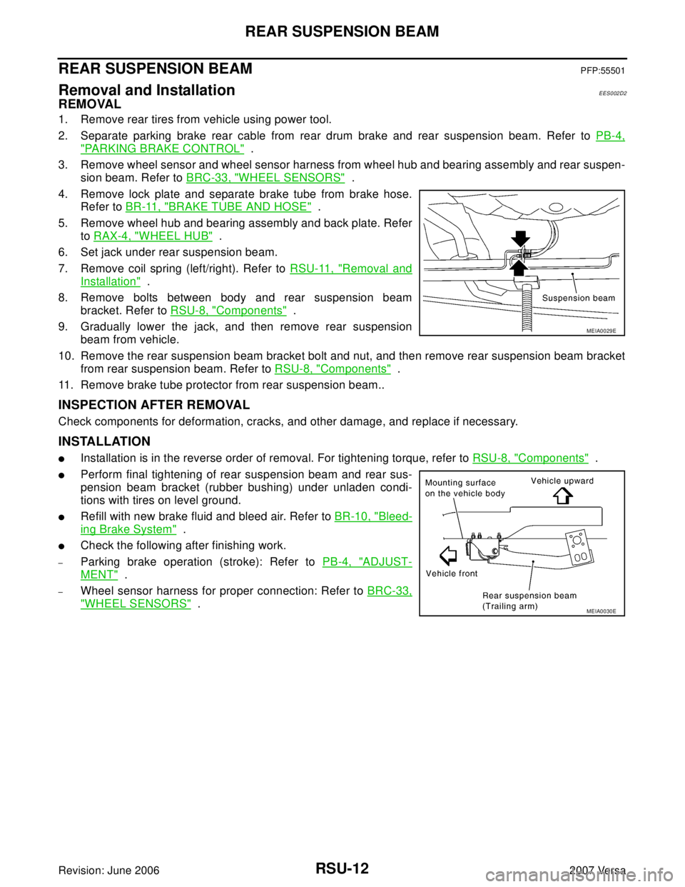 NISSAN TIIDA 2007  Service Repair Manual RSU-12
REAR SUSPENSION BEAM
Revision: June 20062007 Versa
REAR SUSPENSION BEAMPFP:55501
Removal and InstallationEES002D2
REMOVAL
1. Remove rear tires from vehicle using power tool.
2. Separate parking