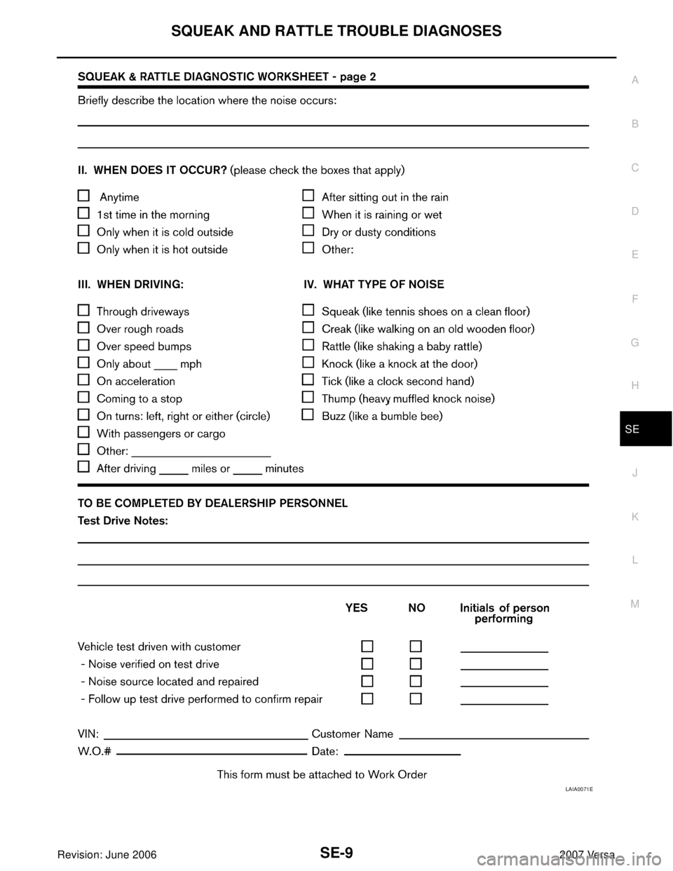 NISSAN TIIDA 2007  Service Repair Manual SQUEAK AND RATTLE TROUBLE DIAGNOSES
SE-9
C
D
E
F
G
H
J
K
L
MA
B
SE
Revision: June 20062007 Versa
LAIA0071E 