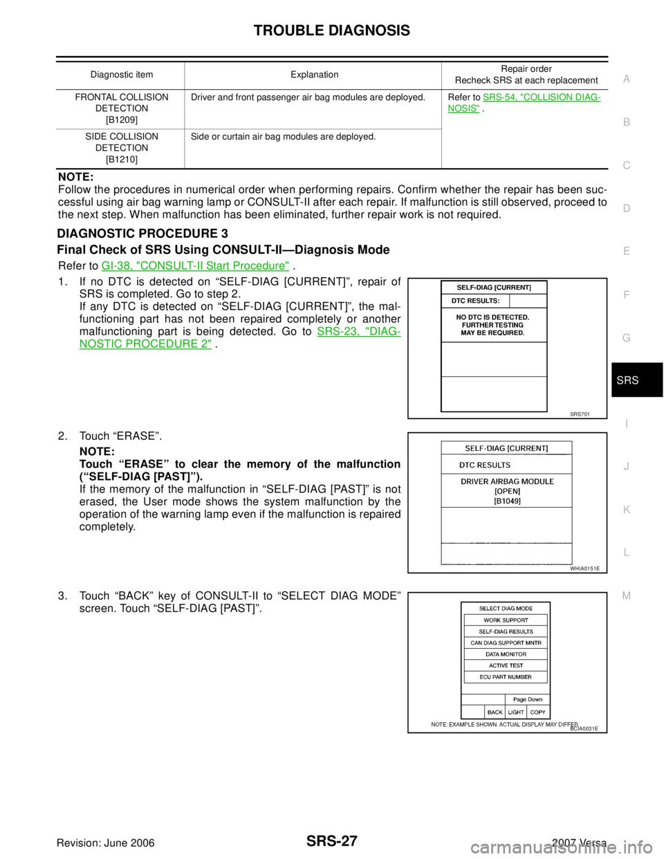 NISSAN TIIDA 2007 Service Repair Manual TROUBLE DIAGNOSIS
SRS-27
C
D
E
F
G
I
J
K
L
MA
B
SRS
Revision: June 20062007 Versa
NOTE:
Follow the procedures in numerical order when performing repairs. Confirm whether the repair has been suc-
cessf NISSAN TIIDA 2007 Service Repair Manual TROUBLE DIAGNOSIS
SRS-27
C
D
E
F
G
I
J
K
L
MA
B
SRS
Revision: June 20062007 Versa
NOTE:
Follow the procedures in numerical order when performing repairs. Confirm whether the repair has been suc-
cessf