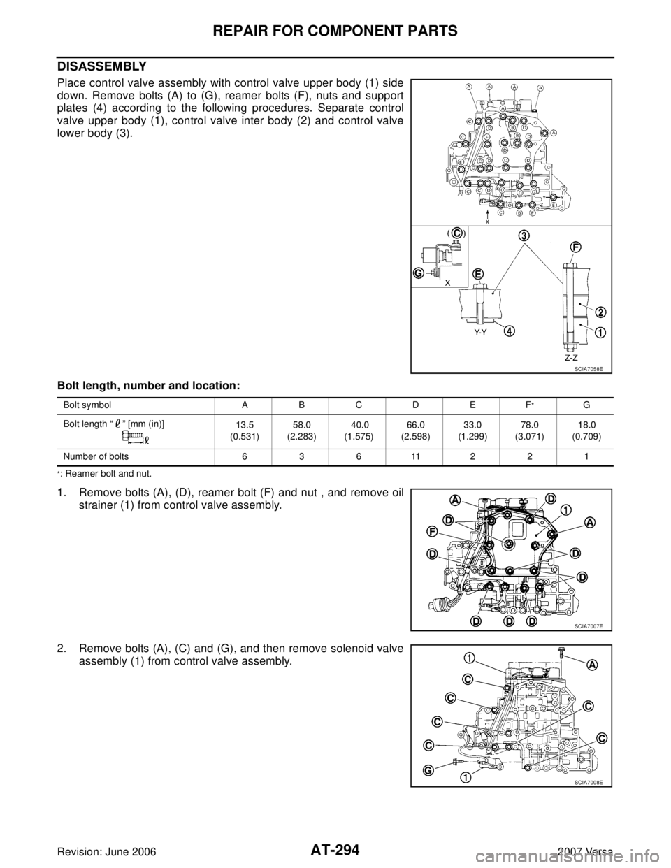 NISSAN TIIDA 2007  Service Repair Manual AT-294
REPAIR FOR COMPONENT PARTS
Revision: June 20062007 Versa
DISASSEMBLY
Place control valve assembly with control valve upper body (1) side
down. Remove bolts (A) to (G), reamer bolts (F), nuts an