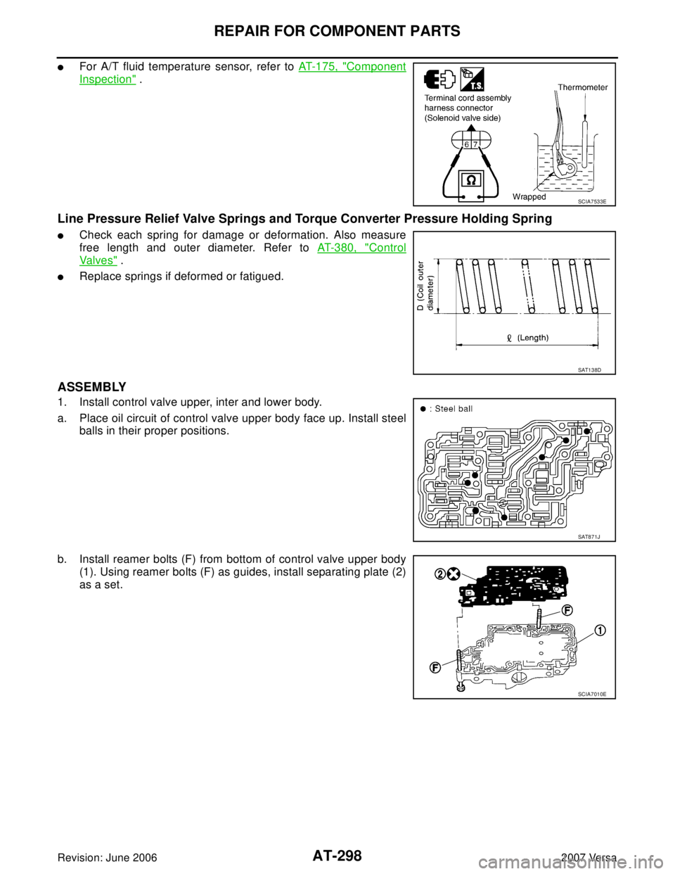 NISSAN TIIDA 2007  Service Repair Manual AT-298
REPAIR FOR COMPONENT PARTS
Revision: June 20062007 Versa
For A/T fluid temperature sensor, refer to AT-175, "Component
Inspection" .
Line Pressure Relief Valve Springs and Torque Converter Pre