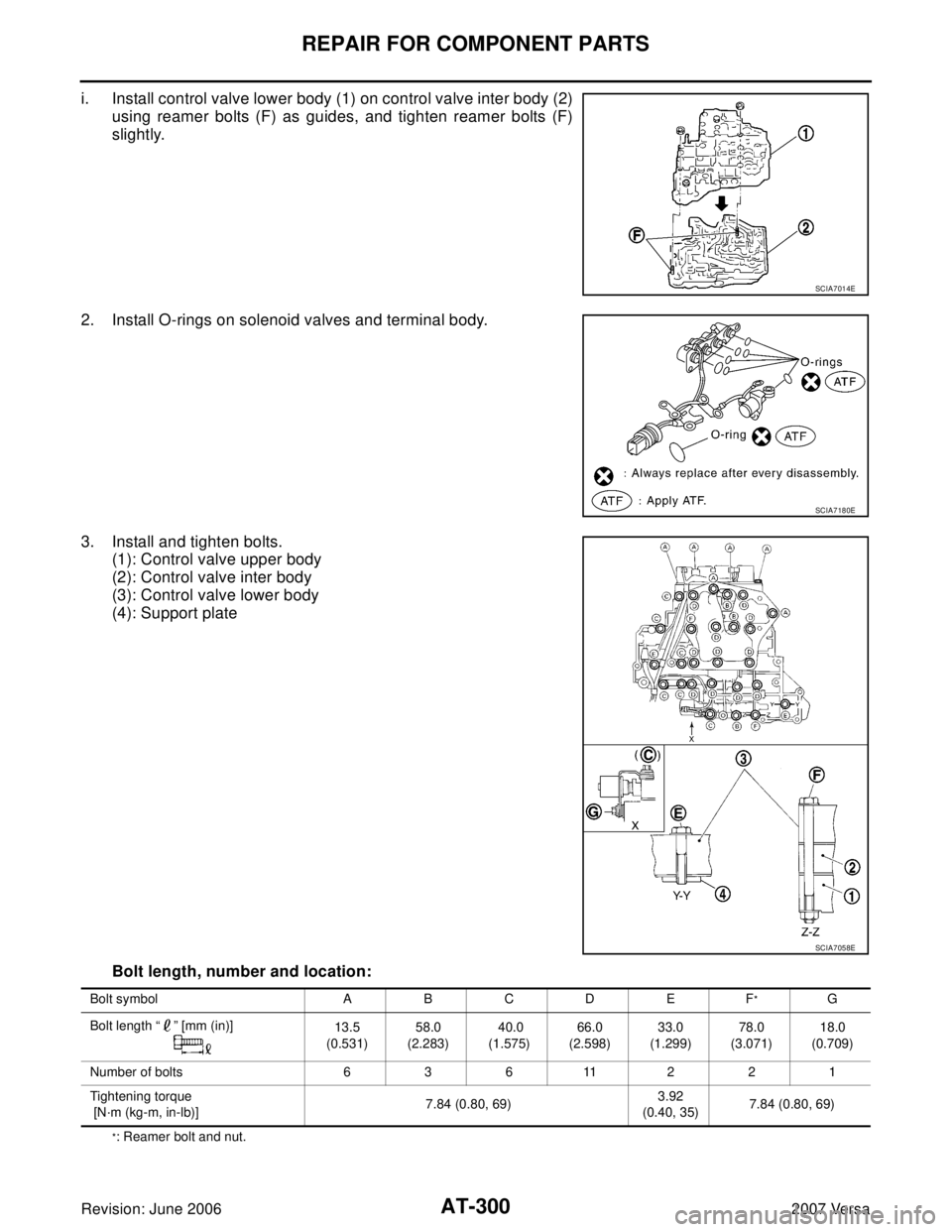 NISSAN TIIDA 2007  Service Repair Manual AT-300
REPAIR FOR COMPONENT PARTS
Revision: June 20062007 Versa
i. Install control valve lower body (1) on control valve inter body (2)
using reamer bolts (F) as guides, and tighten reamer bolts (F)
s