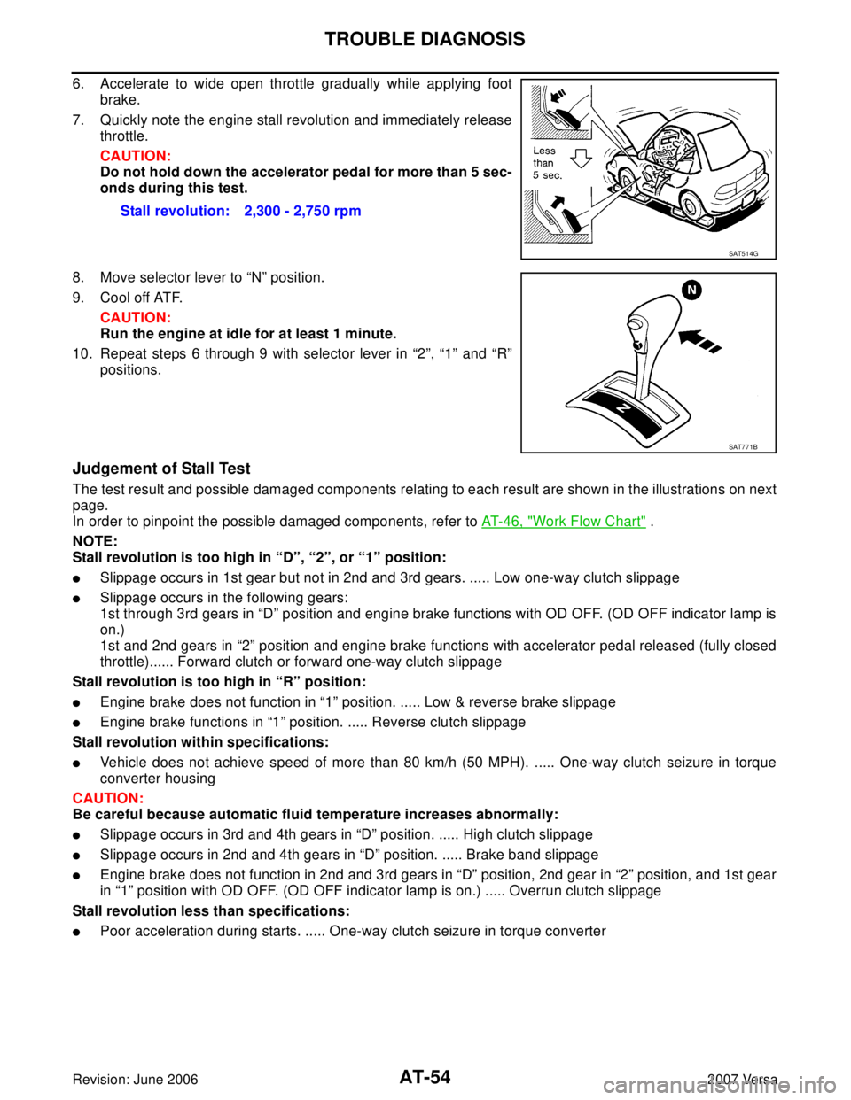 NISSAN TIIDA 2007  Service Manual PDF AT-54
TROUBLE DIAGNOSIS
Revision: June 20062007 Versa
6. Accelerate to wide open throttle gradually while applying foot
brake.
7. Quickly note the engine stall revolution and immediately release
throt