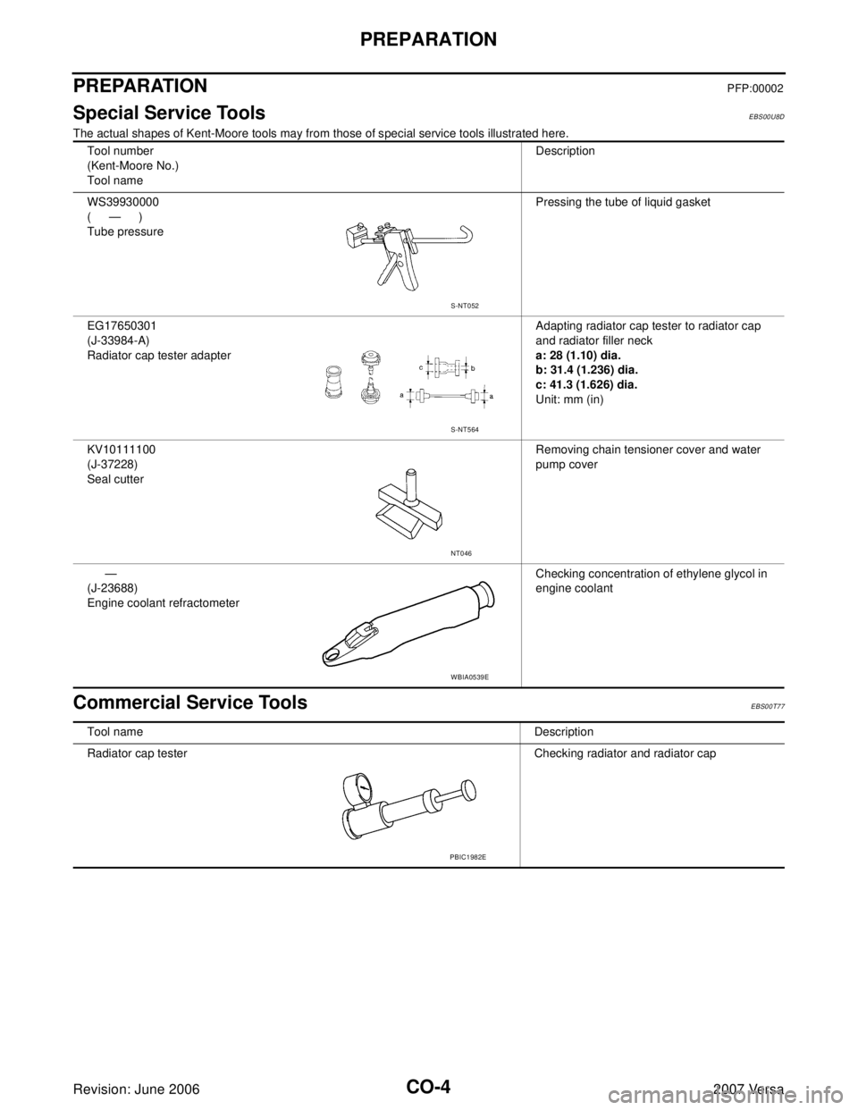 NISSAN TIIDA 2007  Service Repair Manual CO-4Revision: June 2006
PREPARATION
2007 Versa
PREPARATIONPFP:00002
Special Service ToolsEBS00U8D
The actual shapes of Kent-Moore tools may from those of special service tools illustrated here.
Commer