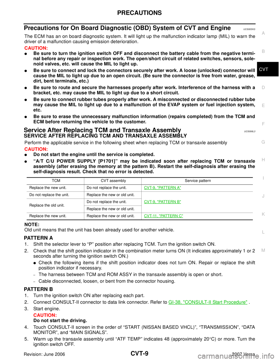 NISSAN TIIDA 2007  Service Repair Manual PRECAUTIONS
CVT-9
D
E
F
G
H
I
J
K
L
MA
B
CVT
Revision: June 20062007 Versa
Precautions for On Board Diagnostic (OBD) System of CVT and EngineUCS005XG
The ECM has an on board diagnostic system. It will