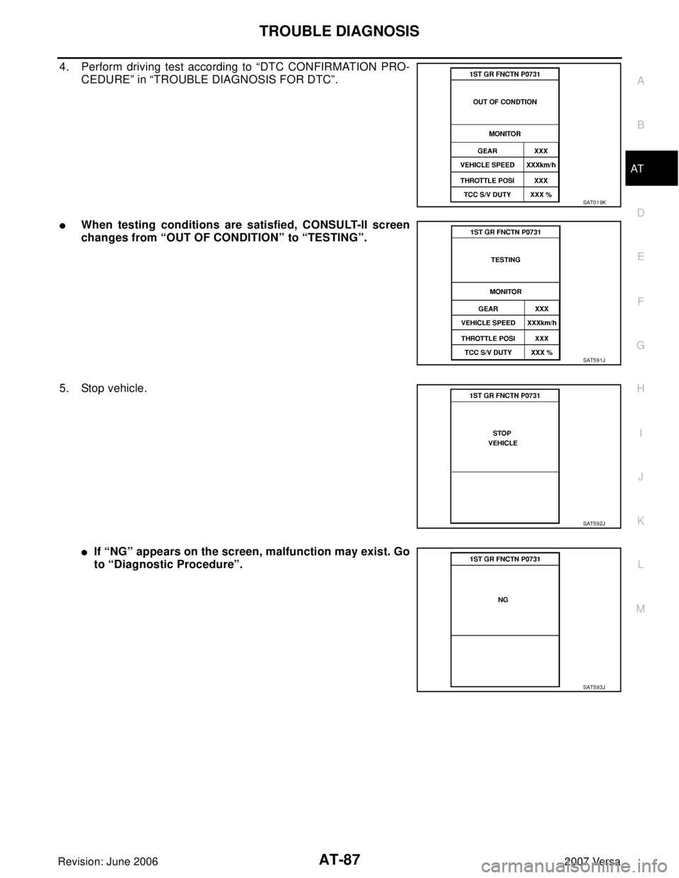 NISSAN TIIDA 2007  Service Owners Manual TROUBLE DIAGNOSIS
AT-87
D
E
F
G
H
I
J
K
L
MA
B
AT
Revision: June 20062007 Versa
4. Perform driving test according to “DTC CONFIRMATION PRO-
CEDURE” in “TROUBLE DIAGNOSIS FOR DTC”.
When testin
