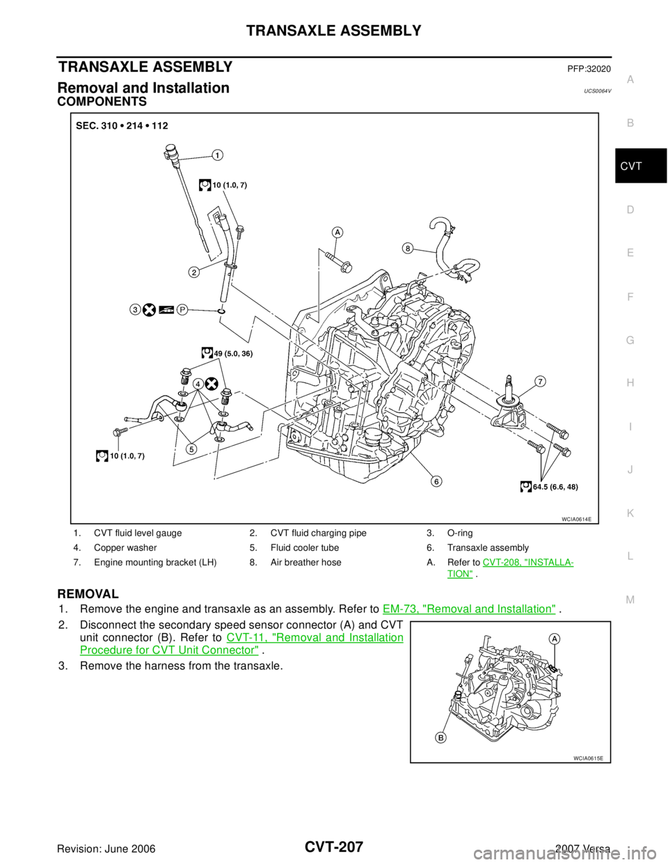 NISSAN VERSA 2006  Workshop  Service Repair Manual TRANSAXLE ASSEMBLY
CVT-207
D
E
F
G
H
I
J
K
L
MA
B
CVT
Revision: June 20062007 Versa
TRANSAXLE ASSEMBLYPFP:32020
Removal and InstallationUCS0064V
COMPONENTS
REMOVAL
1. Remove the engine and transaxle a