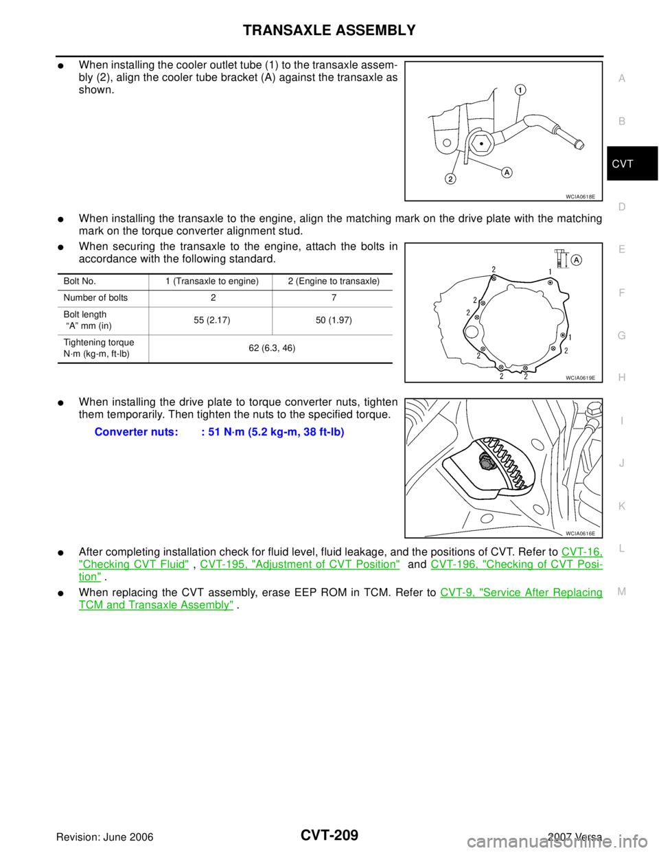 NISSAN VERSA 2006  Workshop  Service Repair Manual TRANSAXLE ASSEMBLY
CVT-209
D
E
F
G
H
I
J
K
L
MA
B
CVT
Revision: June 20062007 Versa
When installing the cooler outlet tube (1) to the transaxle assem-
bly (2), align the cooler tube bracket (A) again