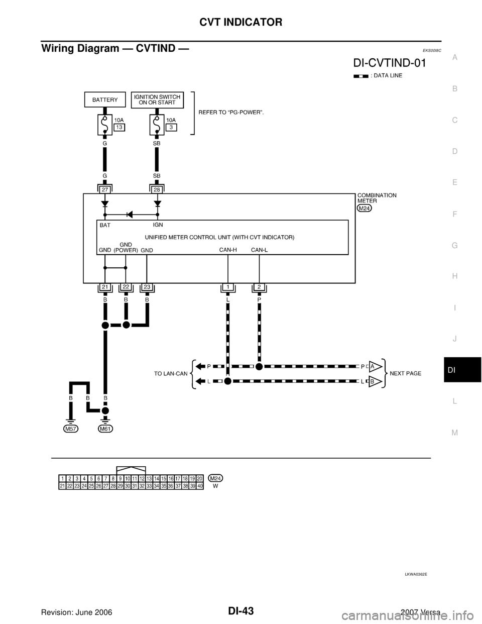 NISSAN VERSA 2006  Workshop  Service Repair Manual CVT INDICATOR
DI-43
C
D
E
F
G
H
I
J
L
MA
B
DI
Revision: June 20062007 Versa
Wiring Diagram — CVTIND —EKS00I8C
LKWA0362E 