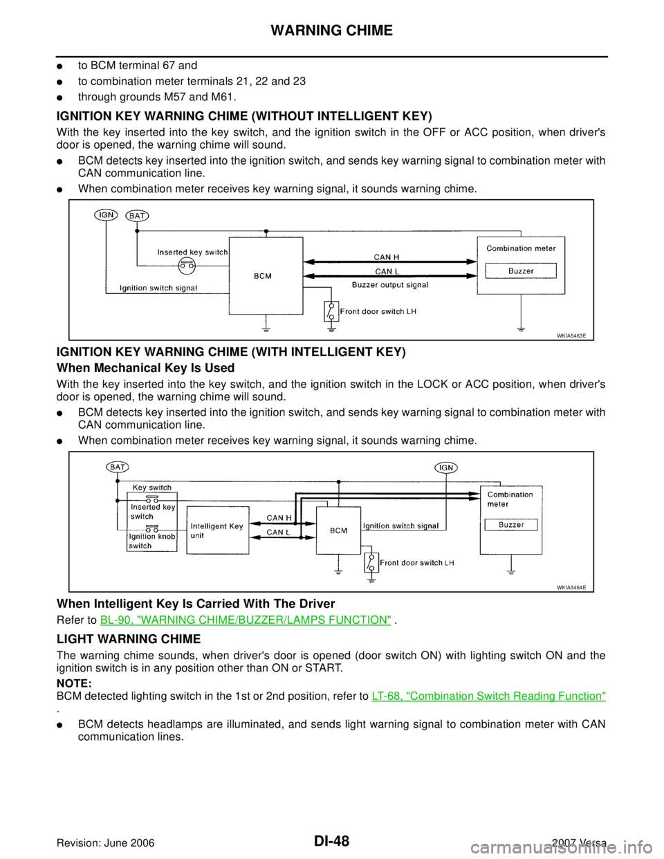 NISSAN VERSA 2006  Workshop  Service Repair Manual DI-48
WARNING CHIME
Revision: June 20062007 Versa
to BCM terminal 67 and
to combination meter terminals 21, 22 and 23
through grounds M57 and M61.
IGNITION KEY WARNING CHIME (WITHOUT INTELLIGENT KE