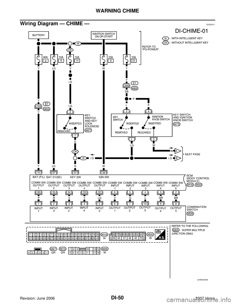 NISSAN VERSA 2006  Workshop  Service Repair Manual DI-50
WARNING CHIME
Revision: June 20062007 Versa
Wiring Diagram — CHIME —EKS00I11
LKWA0364E 