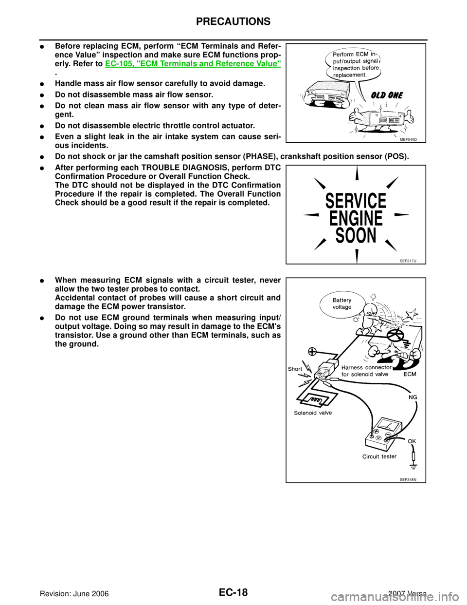 NISSAN VERSA 2006  Workshop  Service Repair Manual EC-18Revision: June 2006
PRECAUTIONS
2007 Versa
Before replacing ECM, perform “ECM Terminals and Refer-
ence Value” inspection and make sure ECM functions prop-
erly. Refer to EC-105, "
ECM Termi