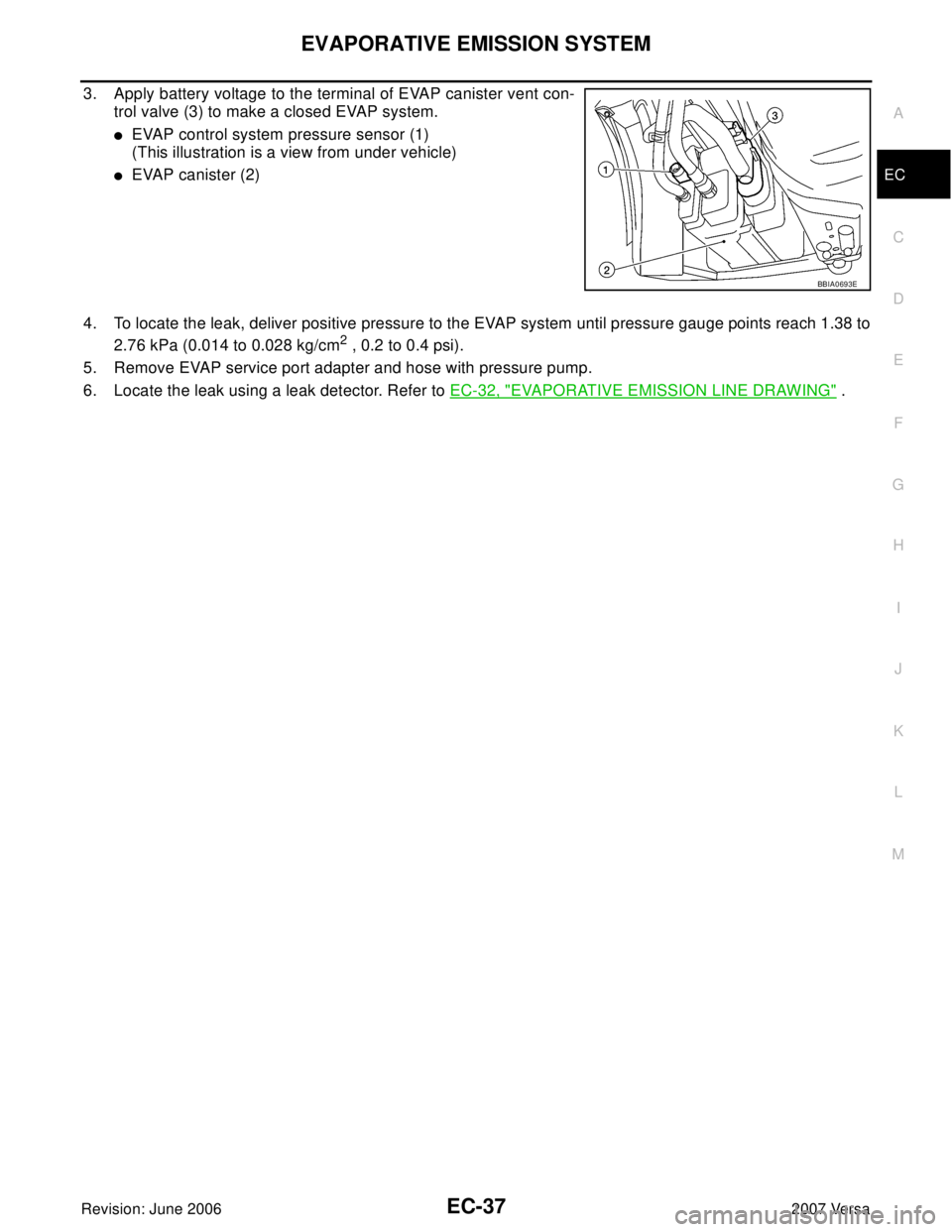 NISSAN VERSA 2006  Workshop  Service Repair Manual EVAPORATIVE EMISSION SYSTEM
EC-37
C
D
E
F
G
H
I
J
K
L
MA
EC
Revision: June 20062007 Versa
3. Apply battery voltage to the terminal of EVAP canister vent con-
trol valve (3) to make a closed EVAP syste