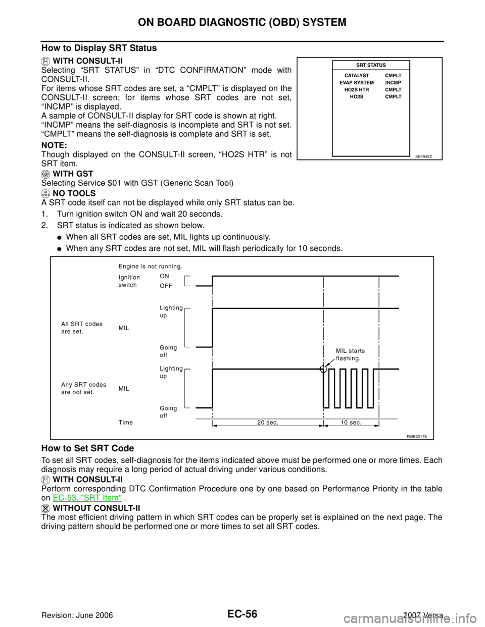 NISSAN VERSA 2006  Workshop  Service Repair Manual EC-56Revision: June 2006
ON BOARD DIAGNOSTIC (OBD) SYSTEM
2007 Versa
How to Display SRT Status
 WITH CONSULT-II
Selecting “SRT STATUS” in “DTC CONFIRMATION” mode with
CONSULT-II.
For items who