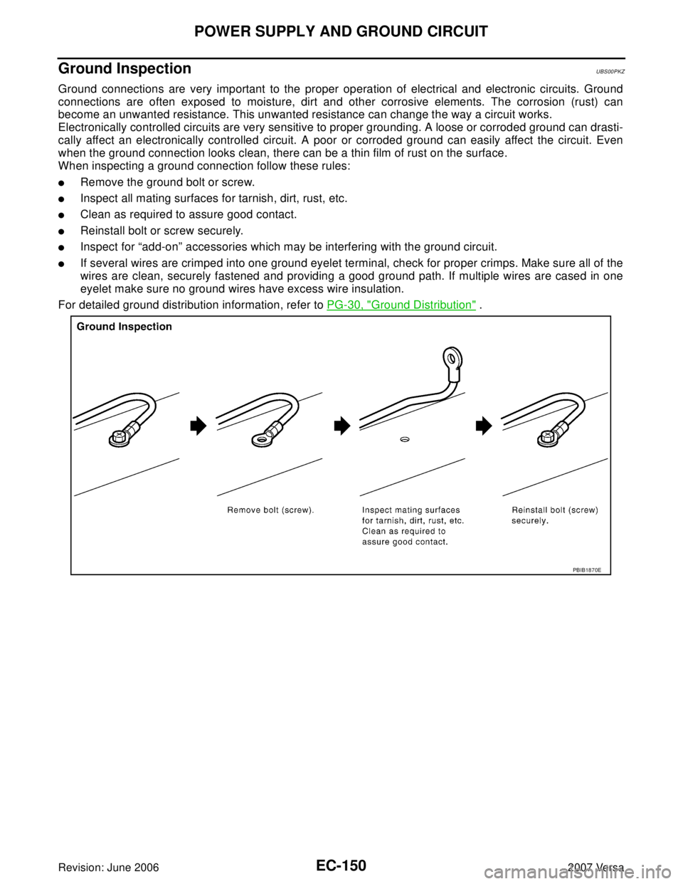 NISSAN VERSA 2006  Workshop  Service Repair Manual EC-150Revision: June 2006
POWER SUPPLY AND GROUND CIRCUIT
2007 Versa
Ground Inspection UBS00PKZ
Ground connections are very important to the proper operation of electrical and electronic circuits. Gro