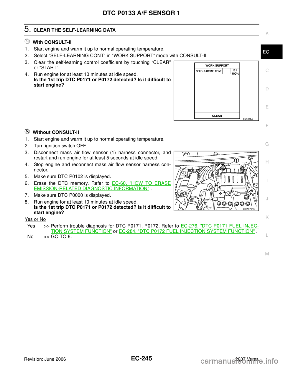 NISSAN VERSA 2006  Workshop  Service Repair Manual DTC P0133 A/F SENSOR 1
EC-245
C
D
E
F
G
H
I
J
K
L
MA
EC
Revision: June 20062007 Versa
5. CLEAR THE SELF-LEARNING DATA
 With CONSULT-II
1. Start engine and warm it up to normal operating temperature.
2