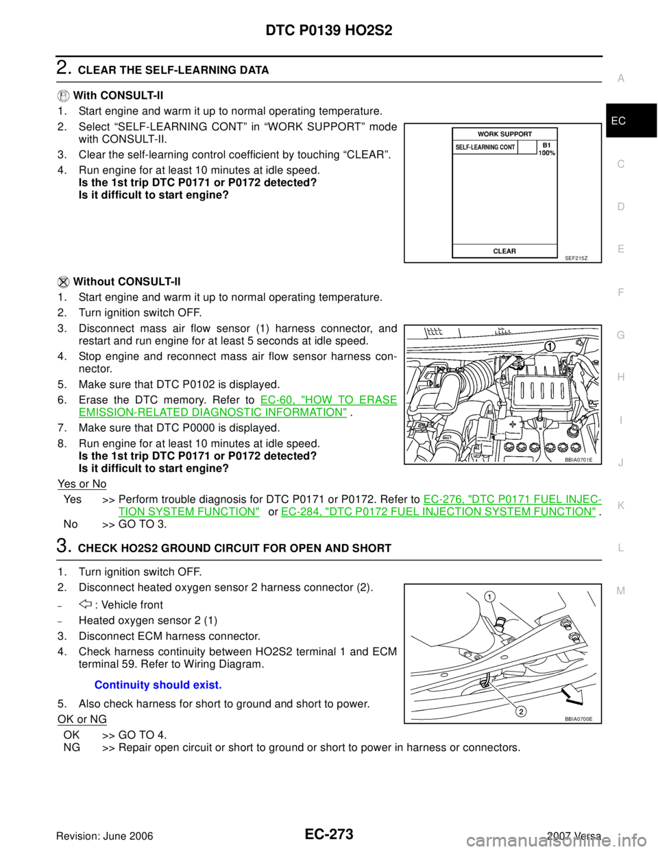 NISSAN VERSA 2006  Workshop  Service Repair Manual DTC P0139 HO2S2
EC-273
C
D
E
F
G
H
I
J
K
L
MA
EC
Revision: June 20062007 Versa
2. CLEAR THE SELF-LEARNING DATA
 With CONSULT-II
1. Start engine and warm it up to normal operating temperature.
2. Selec