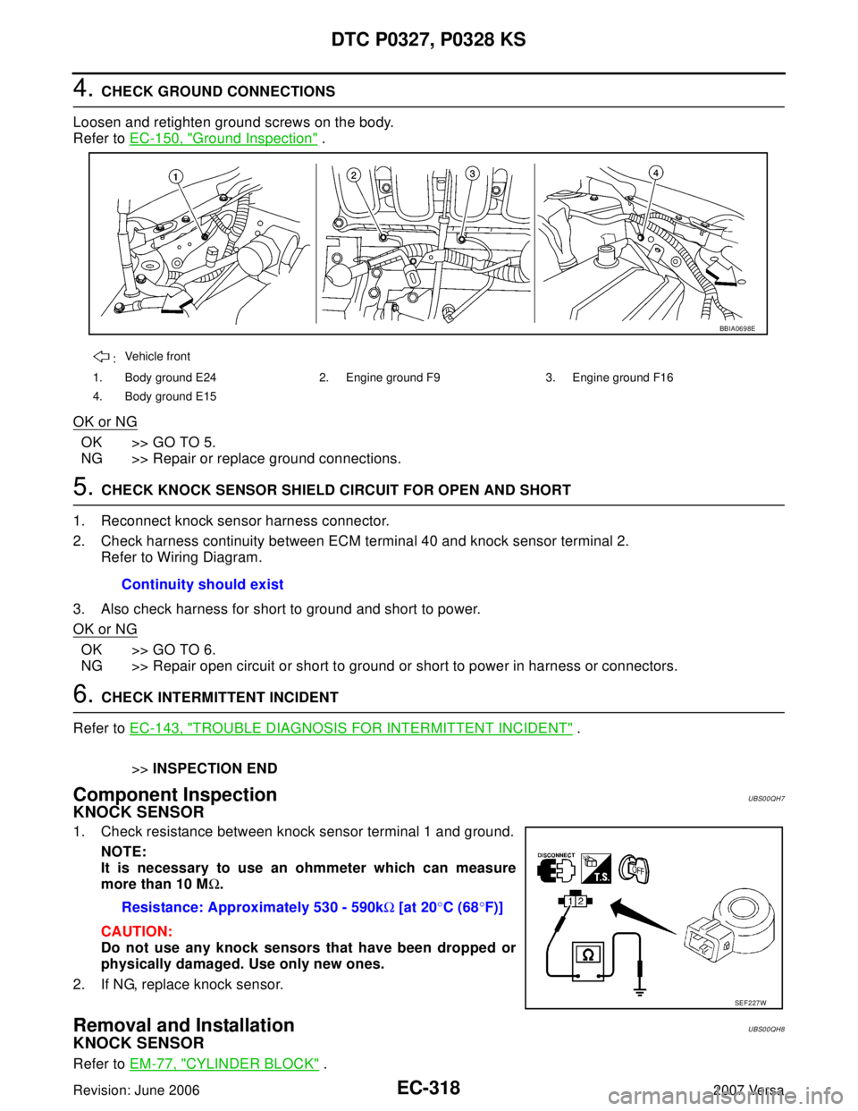 NISSAN VERSA 2006 Workshop Service Repair Manual EC-318Revision: June 2006
DTC P0327, P0328 KS
2007 Versa
4. CHECK GROUND CONNECTIONS
Loosen and retighten ground screws on the body.
Refer to EC-150, "
Ground Inspection" .
OK or NG
OK >> GO TO 5.
NG NISSAN VERSA 2006 Workshop Service Repair Manual EC-318Revision: June 2006
DTC P0327, P0328 KS
2007 Versa
4. CHECK GROUND CONNECTIONS
Loosen and retighten ground screws on the body.
Refer to EC-150, "
Ground Inspection" .
OK or NG
OK >> GO TO 5.
NG