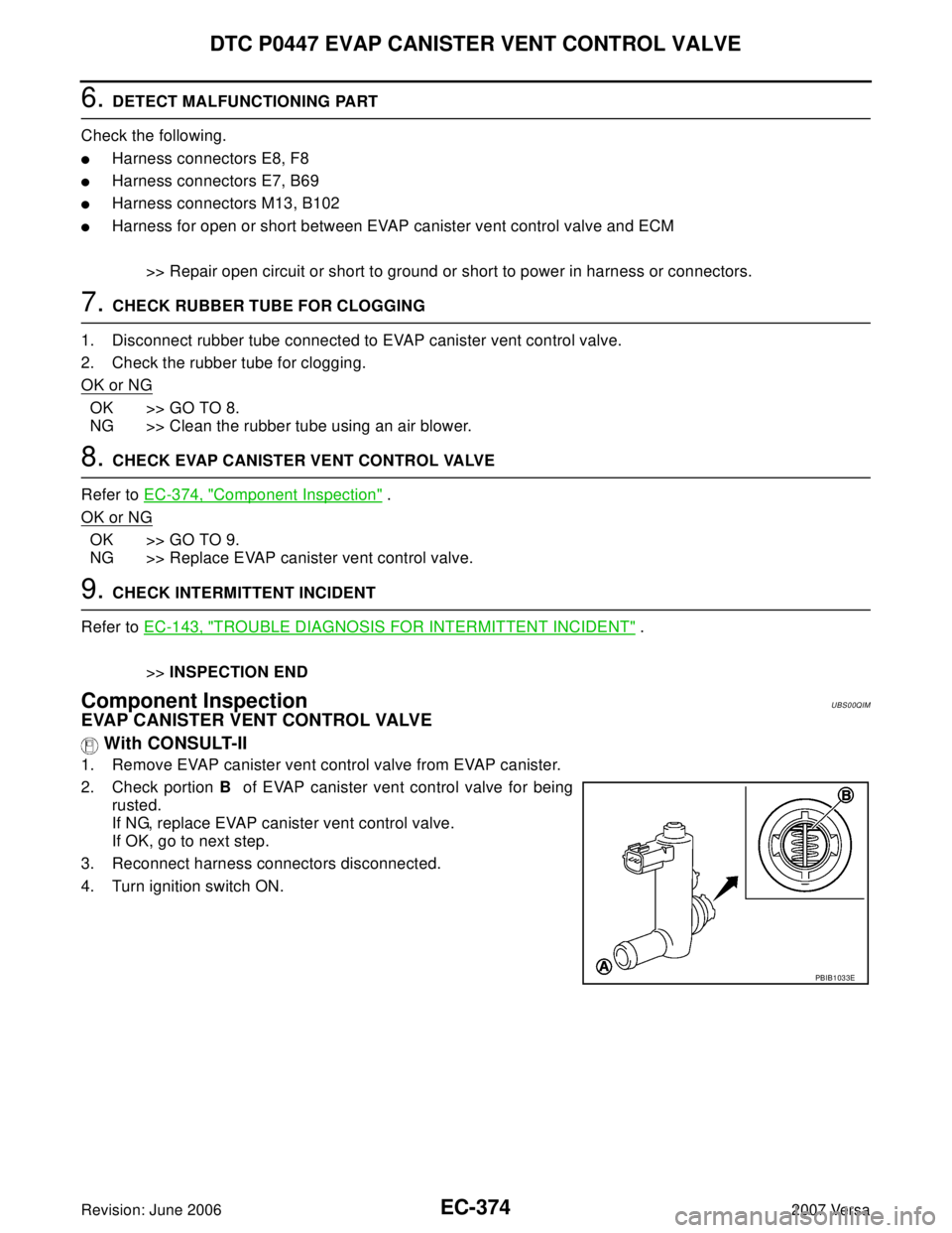 NISSAN VERSA 2006  Workshop  Service Repair Manual EC-374Revision: June 2006
DTC P0447 EVAP CANISTER VENT CONTROL VALVE
2007 Versa
6. DETECT MALFUNCTIONING PART
Check the following.
Harness connectors E8, F8
Harness connectors E7, B69
Harness conne