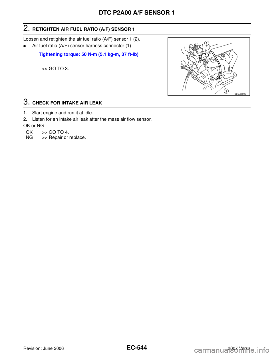 NISSAN VERSA 2006  Workshop  Service Repair Manual EC-544Revision: June 2006
DTC P2A00 A/F SENSOR 1
2007 Versa
2. RETIGHTEN AIR FUEL RATIO (A/F) SENSOR 1
Loosen and retighten the air fuel ratio (A/F) sensor 1 (2).
Air fuel ratio (A/F) sensor harness 