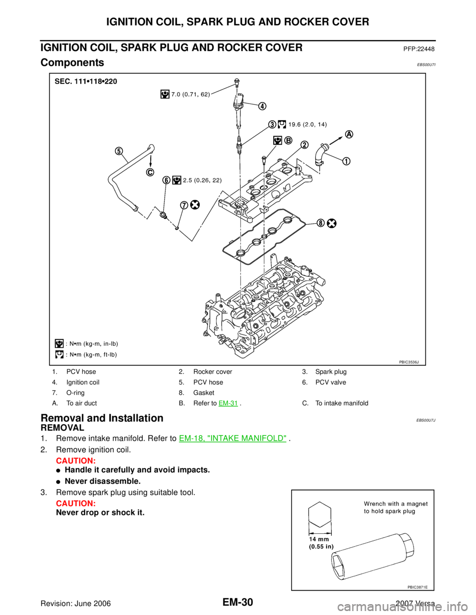 NISSAN VERSA 2006  Workshop  Service Repair Manual EM-30Revision: June 2006
IGNITION COIL, SPARK PLUG AND ROCKER COVER
2007 Versa
IGNITION COIL, SPARK PLUG AND ROCKER COVERPFP:22448
ComponentsEBS00U7I
Removal and InstallationEBS00U7J
REMOVAL
1. Remove