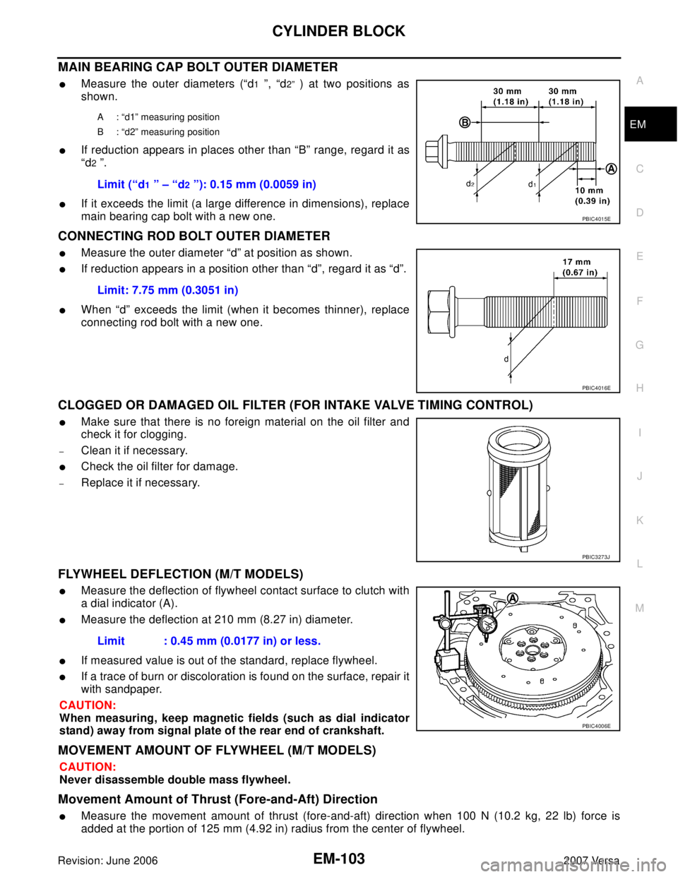 NISSAN VERSA 2006  Workshop  Service Repair Manual CYLINDER BLOCK
EM-103
C
D
E
F
G
H
I
J
K
L
MA
EM
Revision: June 20062007 Versa
MAIN BEARING CAP BOLT OUTER DIAMETER 
Measure the outer diameters (“d1 ”, “d2” ) at two positions as
shown.
If r