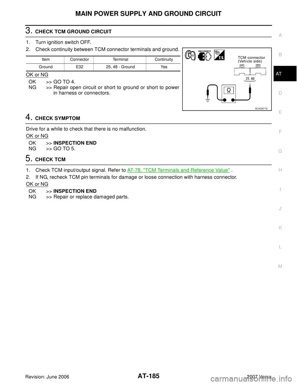 NISSAN VERSA 2006  Workshop  Service Repair Manual MAIN POWER SUPPLY AND GROUND CIRCUIT
AT-185
D
E
F
G
H
I
J
K
L
MA
B
AT
Revision: June 20062007 Versa
3. CHECK TCM GROUND CIRCUIT
1. Turn ignition switch OFF.
2. Check continuity between TCM connector t