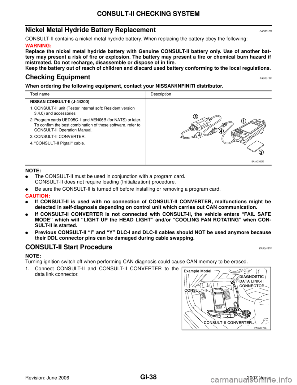 NISSAN VERSA 2006  Workshop  Service Repair Manual GI-38
CONSULT-II CHECKING SYSTEM
Revision: June 20062007 Versa
Nickel Metal Hydride Battery Replacement EAS001ZU
CONSULT-II contains a nickel metal hydride battery. When replacing the battery obey the