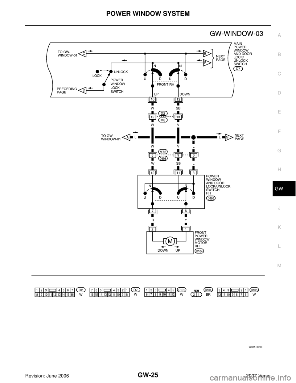 NISSAN VERSA 2006  Workshop  Service Repair Manual POWER WINDOW SYSTEM
GW-25
C
D
E
F
G
H
J
K
L
MA
B
GW
Revision: June 20062007 Versa
WIWA1979E 