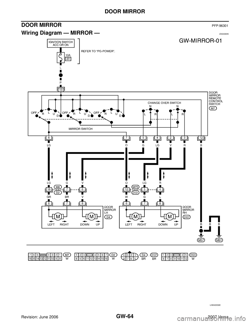 NISSAN VERSA 2006  Workshop  Service Repair Manual GW-64
DOOR MIRROR
Revision: June 20062007 Versa
DOOR MIRRORPFP:96301
Wiring Diagram — MIRROR —EIS0095N
LIWA0559E 