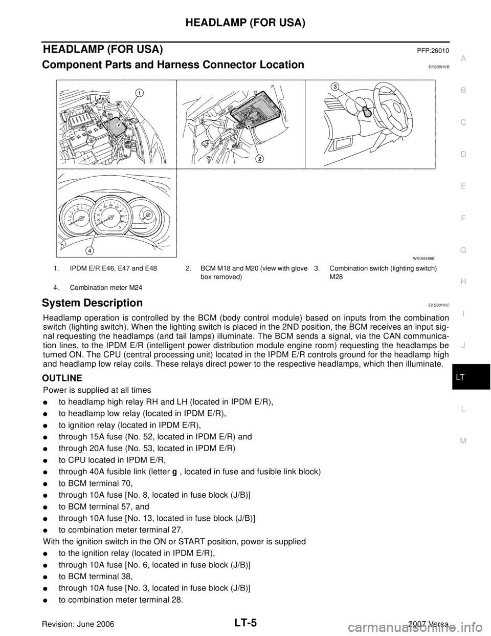 NISSAN VERSA 2006  Workshop  Service Repair Manual HEADLAMP (FOR USA)
LT-5
C
D
E
F
G
H
I
J
L
MA
B
LT
Revision: June 20062007 Versa
HEADLAMP (FOR USA)PFP:26010
Component Parts and Harness Connector LocationEKS00HVB
System DescriptionEKS00HVC
Headlamp o